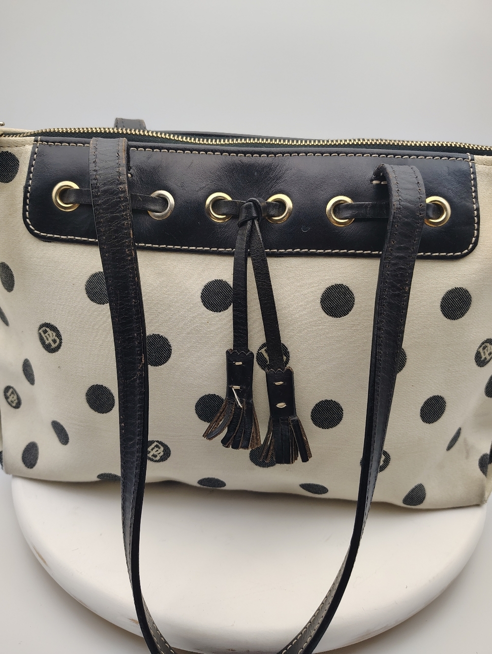 Dooney & Bourke Polka Dot Tote Bag with Tassel Detail - Black and Cream Combo - Picture 3 of 15
